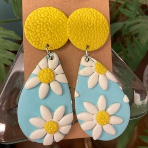 Floral dangle earrings with yellow dot studs